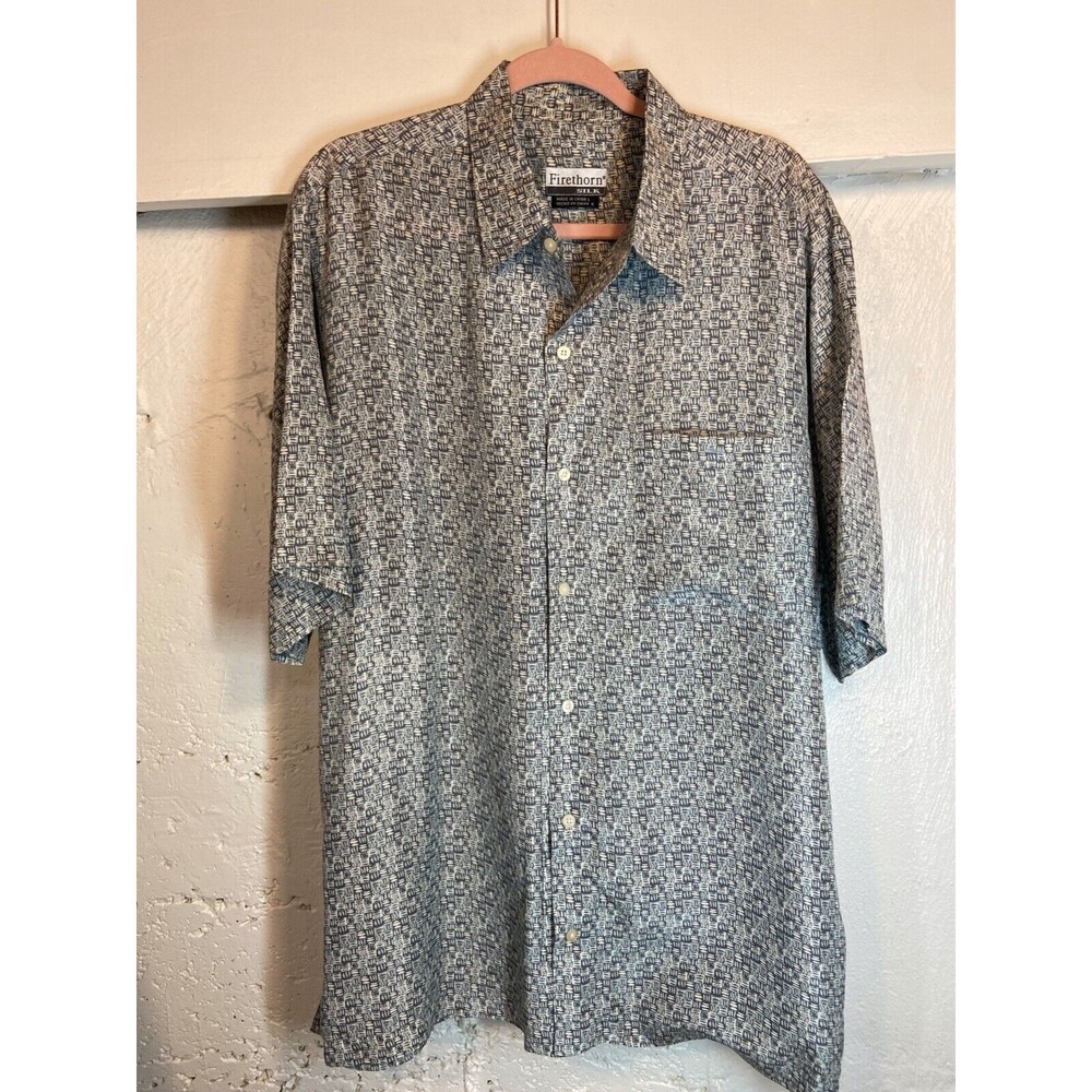 Firethorne Button Down Short Sleeve 100% Silk Boho Shirt Mens Large